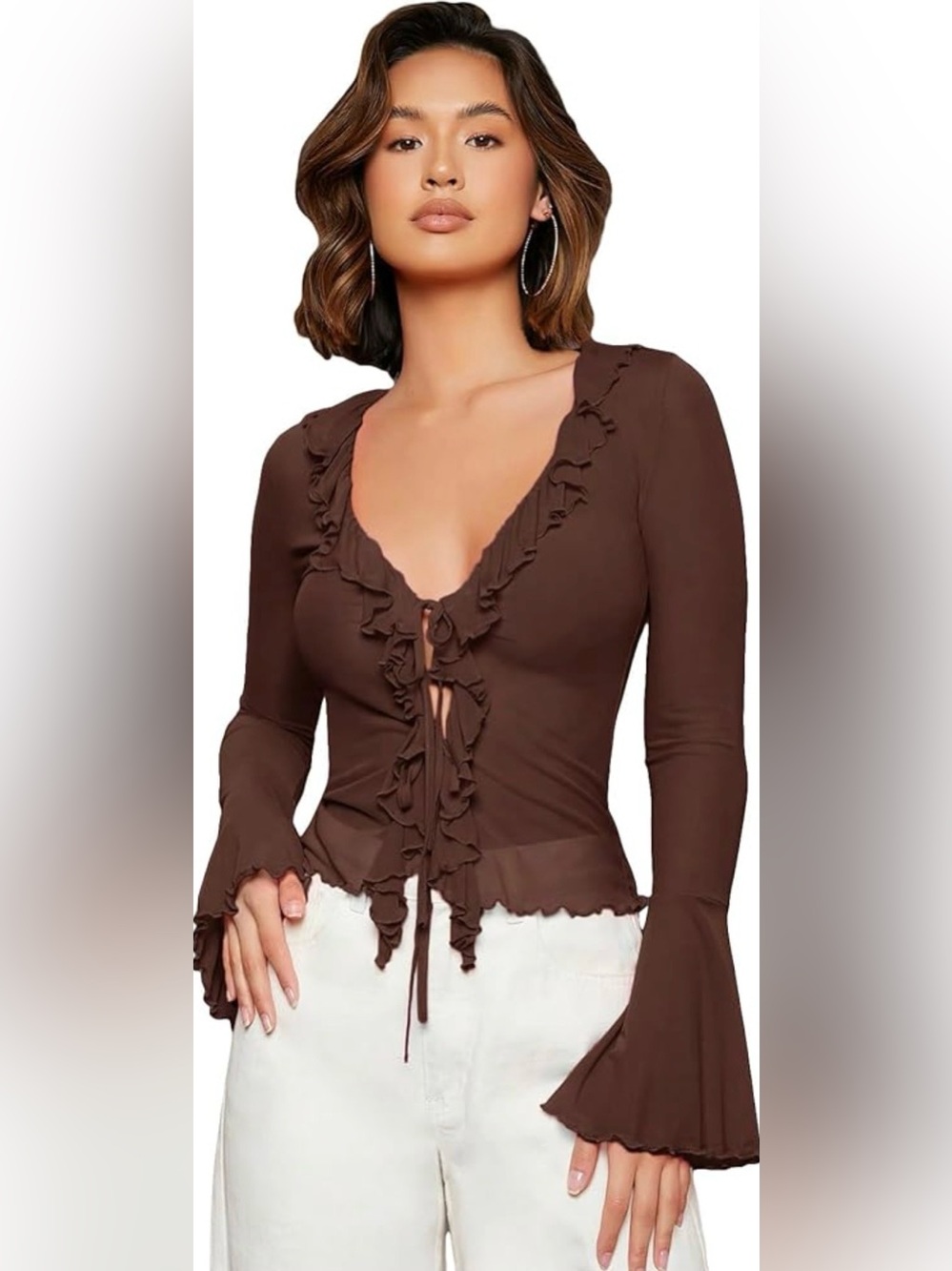 Rachel Zoe chic Chocolate Brown Ruffle Tie-Front Top size XS